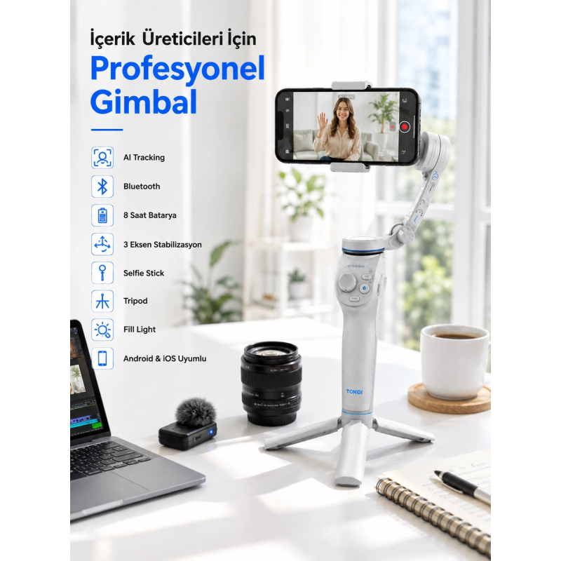 Akıllı Telefon Gimbal Sabitleyici 360° Takip Özellikli Profesyonel Video Çekim Stabilizeri Akıllı Telefon Gimbal Sabitleyici 360° Takip Özellikli Profesyonel Video Çekim Stabilizeri