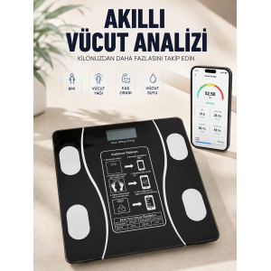 Akıllı Vücut Analiz Baskülü Bluetooth Bağlantılı 4 Sensörlü Lcd Ekranlı Dijital Tartı
