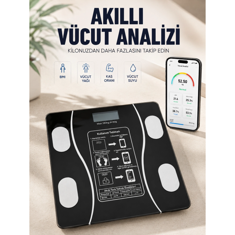 Akıllı Vücut Analiz Baskülü Bluetooth Bağlantılı 4 Sensörlü Lcd Ekranlı Dijital Tartı Akıllı Vücut Analiz Baskülü Bluetooth Bağlantılı 4 Sensörlü Lcd Ekranlı Dijital Tartı