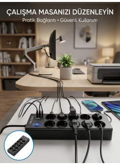 Akım Korumalı 10'lu Çoklu Priz Usb-a Ve Type-c Şarj Çıkışlı