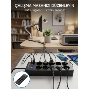 Akım Korumalı 10'lu Çoklu Priz Usb-a Ve Type-c Şarj Çıkışlı