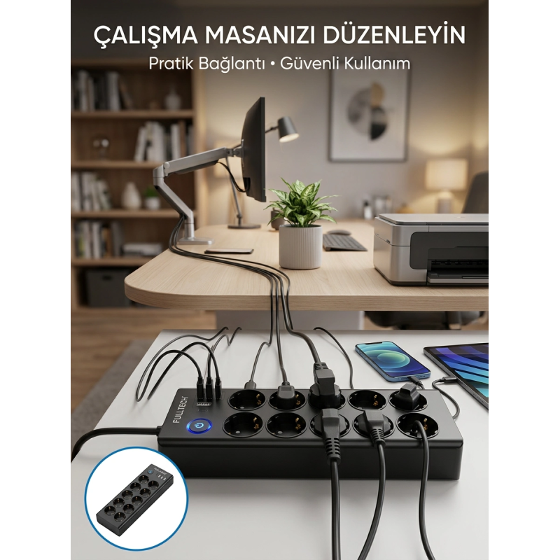 Akım Korumalı 10'lu Çoklu Priz Usb-a Ve Type-c Şarj Çıkışlı Akım Korumalı 10'lu Çoklu Priz Usb-a Ve Type-c Şarj Çıkışlı