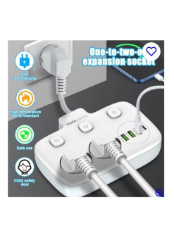 Akım Korumalı 2’li Ayrı Anahtarlı Priz, 2x Priz, 3x Usb, 1x Type-c, 2 Mt Kablo, Hızlı Şarj