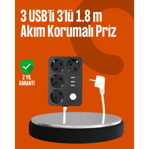 Akım Korumalı 3 Usb Portlu 4’lü Priz 4.1a Hızlı Şarj