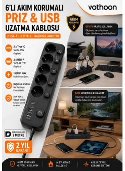Akım Korumalı 5’li Priz 2xusb 2xtype-c Çıkış Akım Koruma Çoklu Priz Çoğaltıcı Anahtarlı Ftr-31 Siyah