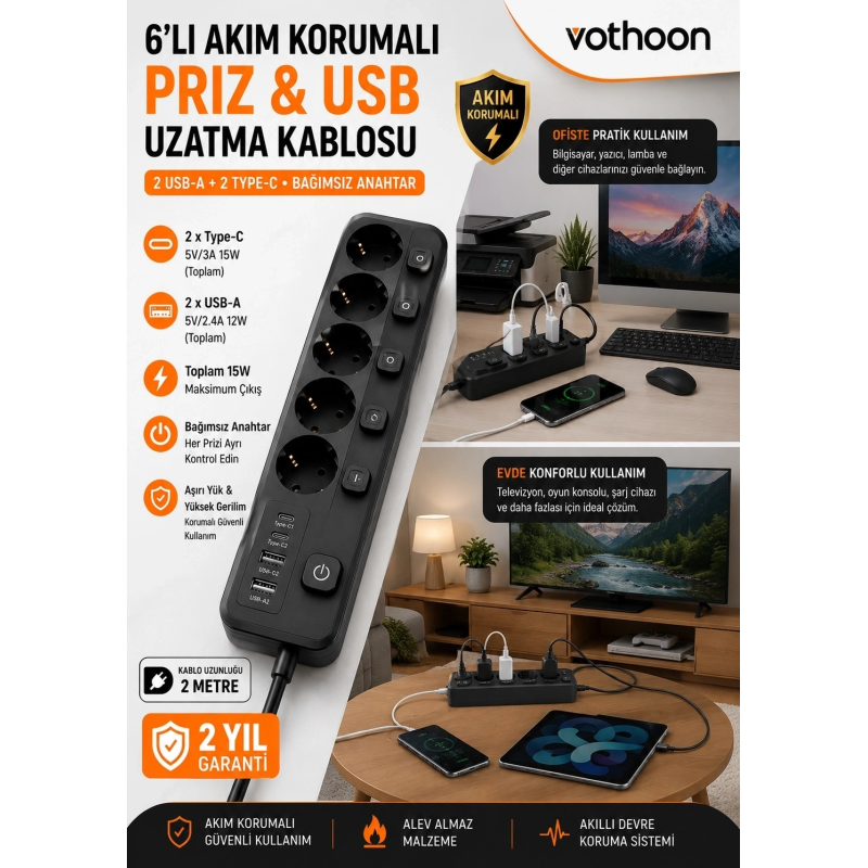 Akım Korumalı 5’li Priz 2xusb 2xtype-c Çıkış Akım Koruma Çoklu Priz Çoğaltıcı Anahtarlı Ftr-31 Siyah Akım Korumalı 5’li Priz 2xusb 2xtype-c Çıkış Akım Koruma Çoklu Priz Çoğaltıcı Anahtarlı Ftr-31 Siyah
