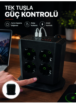 Akım Korumalı 8'li Dikey Priz 4 Usb 2 Type-c Hızlı Şarj Destekli Çoklu Priz