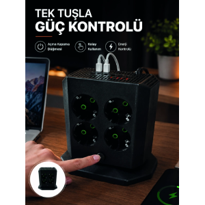 Akım Korumalı 8'li Dikey Priz 4 Usb 2 Type-c Hızlı Şarj Destekli Çoklu Priz