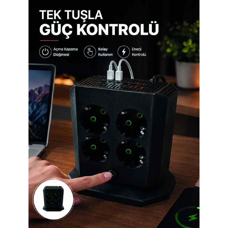 Akım Korumalı 8'li Dikey Priz 4 Usb 2 Type-c Hızlı Şarj Destekli Çoklu Priz Akım Korumalı 8'li Dikey Priz 4 Usb 2 Type-c Hızlı Şarj Destekli Çoklu Priz
