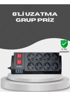 Akım Korumalı 8’li Priz 3 Usb’li Uzatma Kablosu Isıya Dayanıklı 2 Metre
