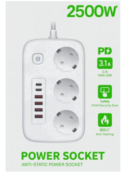  akım Korumalı Priz Ve Masaüstü Şarj İstasyonu Kablosuz 3 Priz ,4 Usb, 2 Type-c Girişli 2 Metre