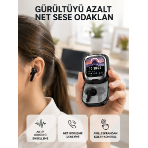Aktif Gürültü Engelleme Özellikli Kablosuz Kulaklık – Akıllı Ekranlı Şarj Kutusu
