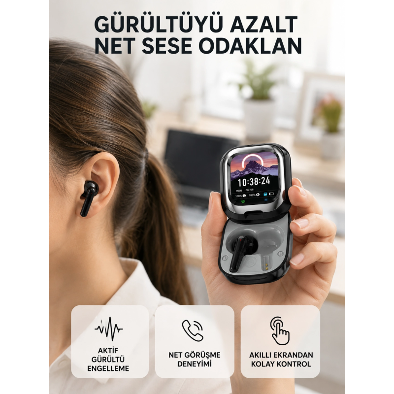 Aktif Gürültü Engelleme Özellikli Kablosuz Kulaklık – Akıllı Ekranlı Şarj Kutusu Aktif Gürültü Engelleme Özellikli Kablosuz Kulaklık – Akıllı Ekranlı Şarj Kutusu