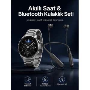 Alarm Ve Titreşim Özellikli Akıllı Saat Ve Mikrofonlu Kablolu Bluetooth Kulaklık 60 Saat