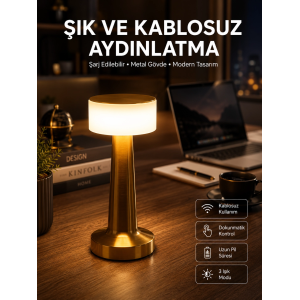 Altın Rengi Masa Ve Gece Lambası Dokunmatik Şarjlı Masa Lambası