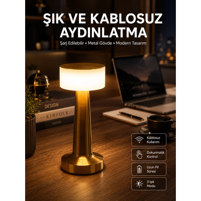 Altın Rengi Masa Ve Gece Lambası Dokunmatik Şarjlı Masa Lambası Altın Rengi Masa Ve Gece Lambası Dokunmatik Şarjlı Masa Lambası