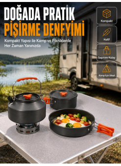 Alüminyum Kamp Pişirme Seti Katlanabilir Kulplu Çaydanlık Tencere Tava Outdoor Yemek Seti