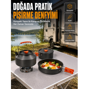 Alüminyum Kamp Pişirme Seti Katlanabilir Kulplu Çaydanlık Tencere Tava Outdoor Yemek Seti