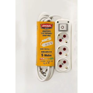 Amiral 3' Lü Topraklı Anahtarlı 5 Metre Kablolu Grup Priz