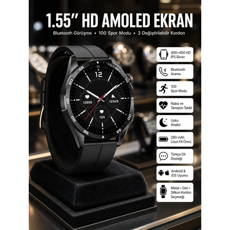 Amoled Ekran 3 Kordonlu Akıllı Saat 5.0 Bluetooth Bağlantılı Android Ve İos Uyumlu Amoled Ekran 3 Kordonlu Akıllı Saat 5.0 Bluetooth Bağlantılı Android Ve İos Uyumlu