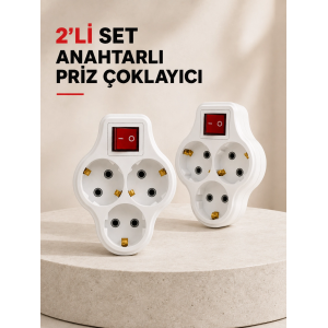 Anahtarlı 3 Çıkışlı Priz Çoğaltıcı Ev Ofis İçin Kablosuz 2’li Avantajlı Set