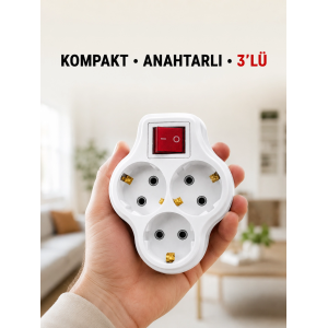 Anahtarlı 3’lü Priz Çoğaltıcı Kablosuz Duvar Tipi Topraklı Priz Çoklayıcı