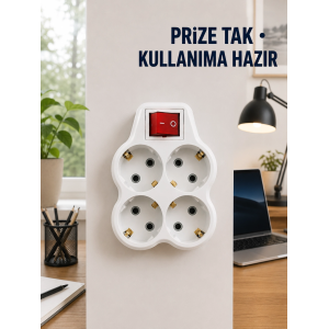 Anahtarlı 4’lü Priz Adaptörü Direkt Prize Takılan Kompakt Priz Çoklayıcı