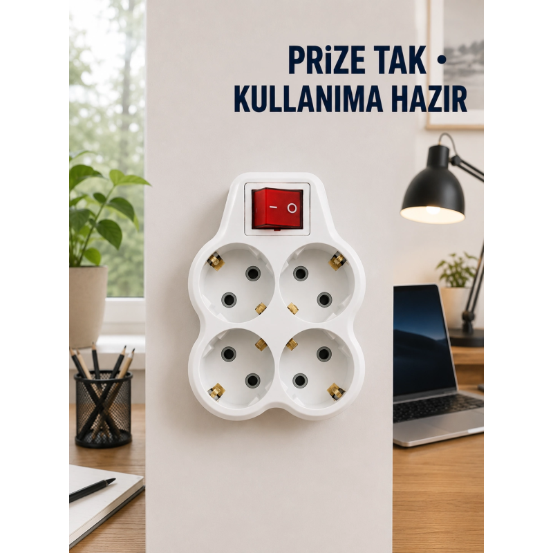 Anahtarlı 4’lü Priz Adaptörü Direkt Prize Takılan Kompakt Priz Çoklayıcı Anahtarlı 4’lü Priz Adaptörü Direkt Prize Takılan Kompakt Priz Çoklayıcı