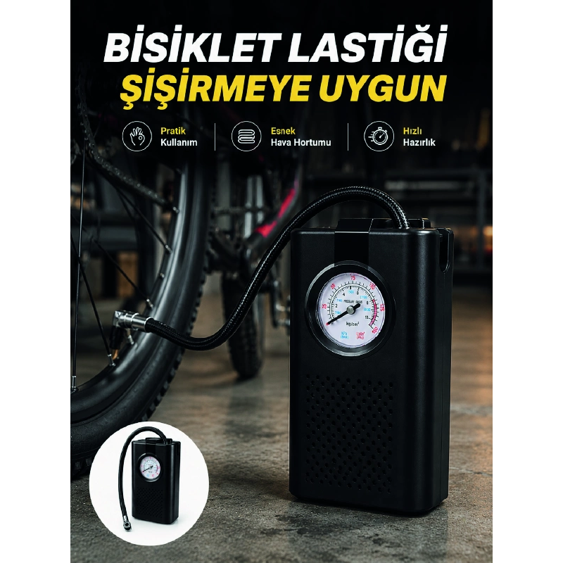 Analog Manometreli Kompakt Araç Hava Pompası Lastik Şişirme Cihazı Analog Manometreli Kompakt Araç Hava Pompası Lastik Şişirme Cihazı