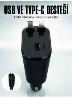 Araç Çakmaklık Şarj Cihazı 120w Type-c & Lightning Kablolu Çoklu Hızlı Şarj İstasyonu