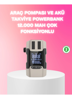Araç Hava Pompası Ve Akü Takviye Powerbank 12.000 Mah Çok Fonksiyonlu