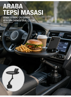 Araç İçi 360° Ayarlanabilir Bardaklık Tepsisi Geniş Yüzeyli Ve Telefon Standlı Yeni Nesil