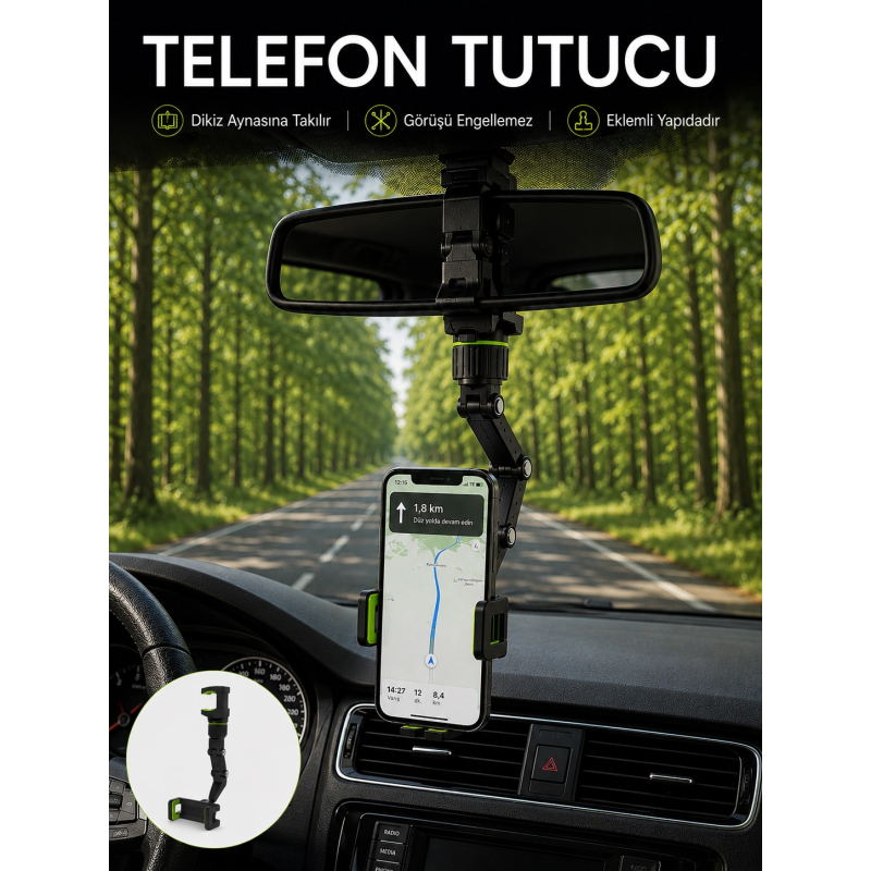 Araç İçi Dikiz Aynası Telefon Tutucu 360° Dönebilen Katlanabilir Araç İçi Dikiz Aynası Telefon Tutucu 360° Dönebilen Katlanabilir