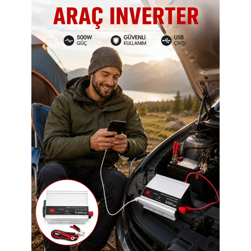 Araç İçi Elektrik Dönüştürücü 500w Priz İnvertör Araç İçi Elektrik Dönüştürücü 500w Priz İnvertör