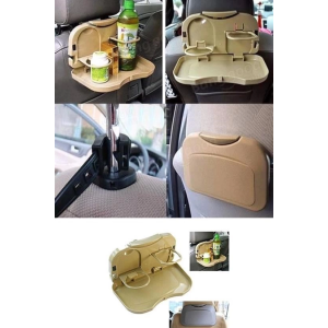 Araç İçi Koltuk Arkası Katlanabilir Bardak Tutuculu Bej Tepsi