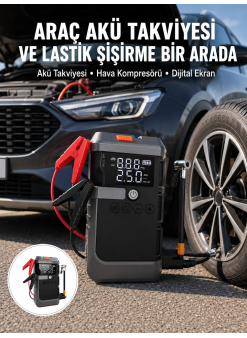 Araç İçin 4 Fonksiyonlu Akü Takviye Ve Lastik Şişirme Cihazı Yeni Nesil