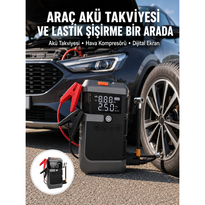 Araç İçin 4 Fonksiyonlu Akü Takviye Ve Lastik Şişirme Cihazı Yeni Nesil Araç İçin 4 Fonksiyonlu Akü Takviye Ve Lastik Şişirme Cihazı Yeni Nesil