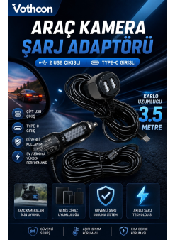 Araç Kamera Şarj Adaptörü 2 Usb’li Type-c Girişli 3.5 Metre Kablo Uzunluğu(ürün Kamera Değildir)