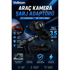 Araç Kamera Şarj Adaptörü 2 Usb’li Type-c Girişli 3.5 Metre Kablo Uzunluğu(ürün Kamera Değildir)