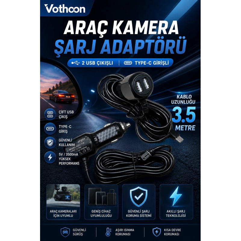 Araç Kamera Şarj Adaptörü 2 Usb’li Type-c Girişli 3.5 Metre Kablo Uzunluğu(ürün Kamera Değildir) Araç Kamera Şarj Adaptörü 2 Usb’li Type-c Girişli 3.5 Metre Kablo Uzunluğu(ürün Kamera Değildir)