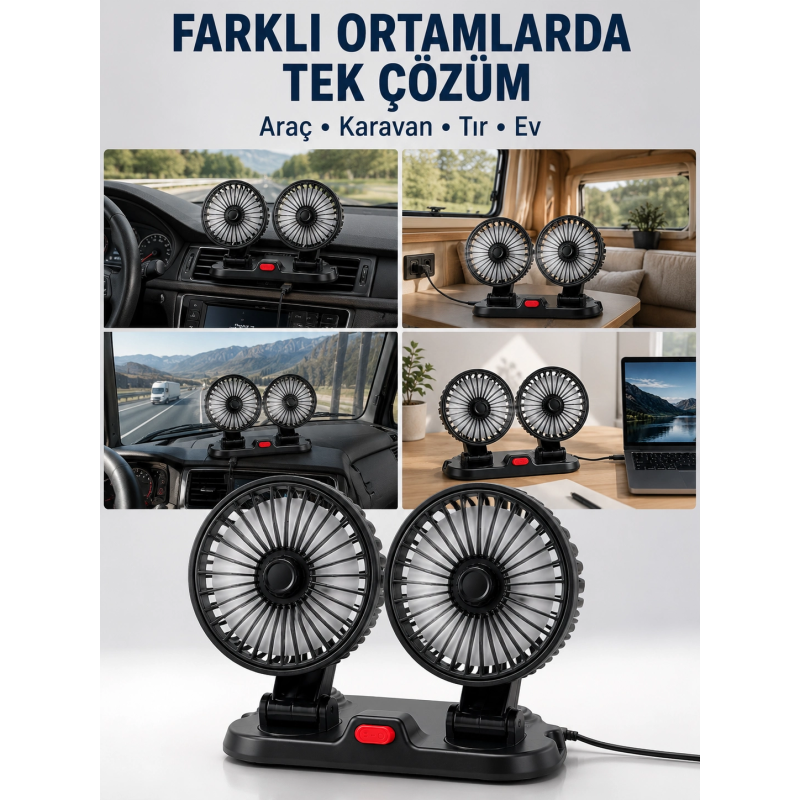 Araç, Karavan Ve Tır İçin Çift Fanlı Mini Vantilatör Araç, Karavan Ve Tır İçin Çift Fanlı Mini Vantilatör