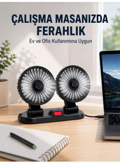Araç Ve Ev Kullanımına Uygun Çift Başlıklı Masaüstü Vantilatör