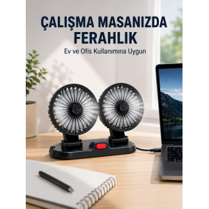 Araç Ve Ev Kullanımına Uygun Çift Başlıklı Masaüstü Vantilatör