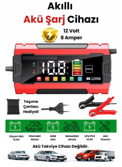 12v 8a Akıllı Akü Şarj Cihazı 12v 8a Lcd Ekranlı Pulse Repair Otomatik Akü Şarj & Desülfatör