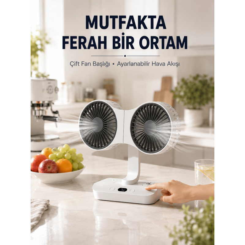 Ayarlanabilir Çift Fan Başlıklı Şarjlı Masa Vantilatörü Ayarlanabilir Çift Fan Başlıklı Şarjlı Masa Vantilatörü