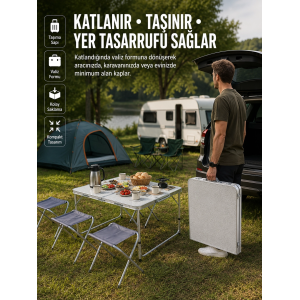 Ayarlanabilir Yükseklikli Kamp Ve Piknik Masası 4 Kişilik Katlanabilir Masa Seti