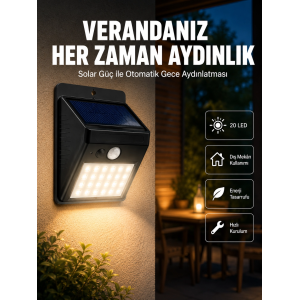 Bahçe Ve Dış Mekanlar İçin Güneş Enerjili 20 Led Hareket Sensörlü Lamba Yeni Nesil