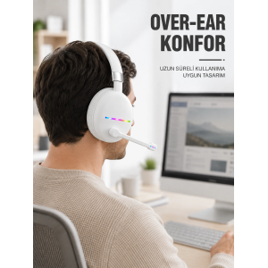 Beyaz Bluetooth 5.0 Mikrofonlu Kablosuz Kulak Üstü Kulaklık Rgb Işıklı Type-c Şarjlı