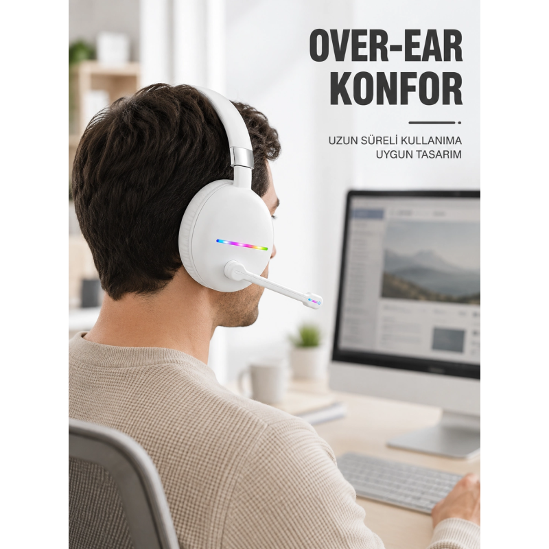 Beyaz Bluetooth 5.0 Mikrofonlu Kablosuz Kulak Üstü Kulaklık Rgb Işıklı Type-c Şarjlı Beyaz Bluetooth 5.0 Mikrofonlu Kablosuz Kulak Üstü Kulaklık Rgb Işıklı Type-c Şarjlı