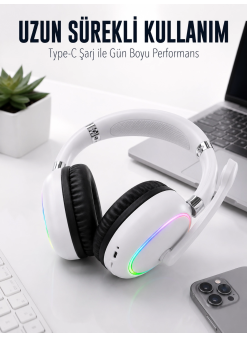 Beyaz Bluetooth 5.0 Mikrofonlu Kablosuz Kulak Üstü Kulaklık Rgb Işıklı Type-c Şarjlı